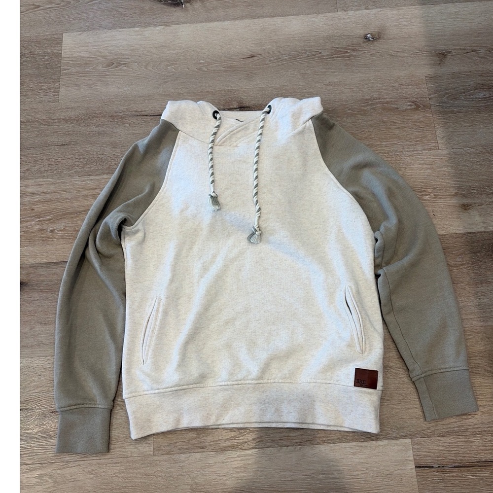 BKE Mens Raglan Hoodie Cream Olive Green Rope Drawstring Pullover Sweatshirt M